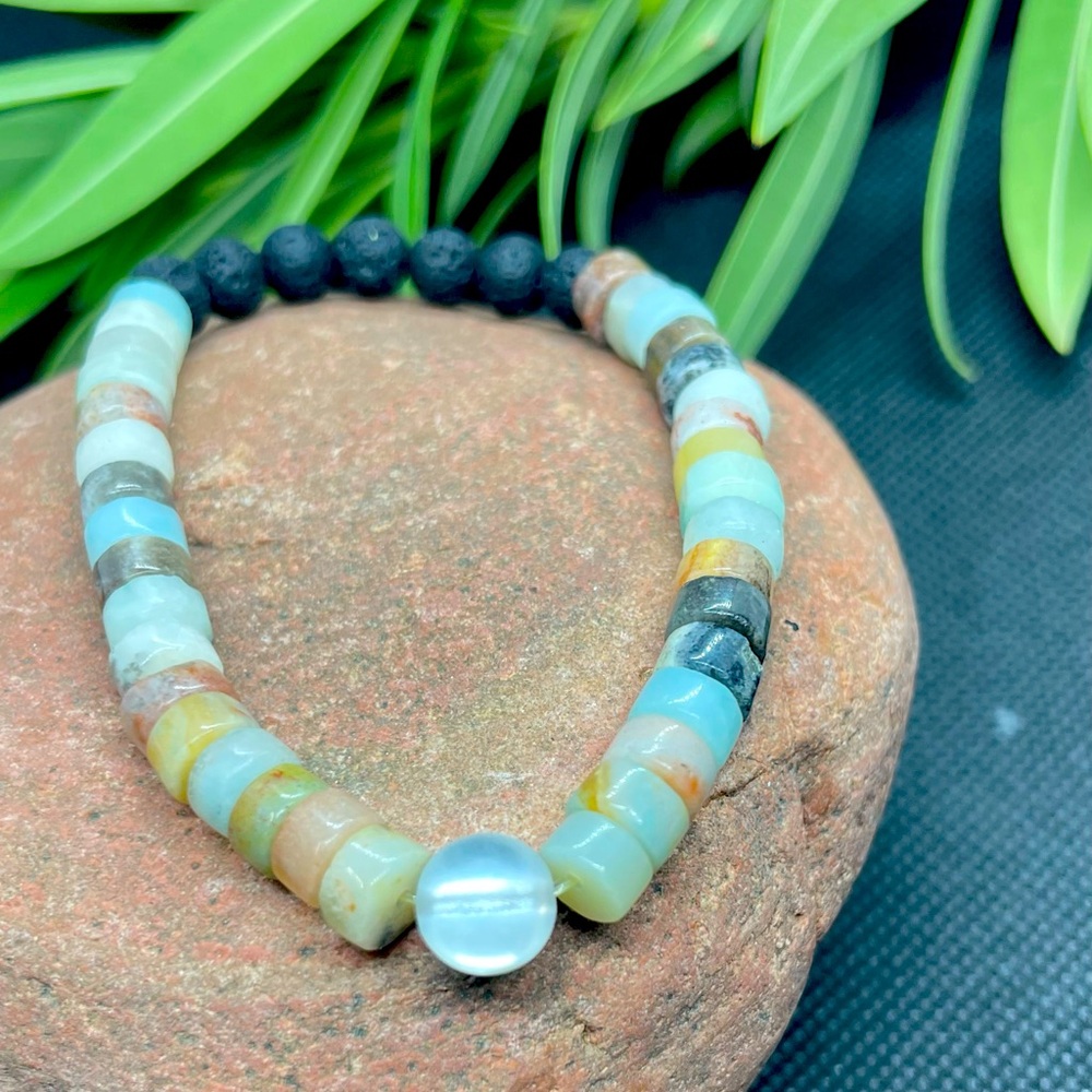 AMAZONITE Beaded Bracelet with rainbow bead and lava stones